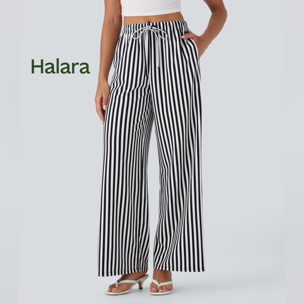 NWT High Waisted Drawstring Stripe Waffle Wide Leg Pants with Pockets